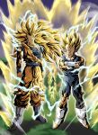  2boys absurdres arms_at_sides aura biceps blonde_hair blue_footwear blue_sash blue_shirt blue_wristband boots clenched_hands closed_mouth commentary_request crossed_arms dougi dragon_ball dragon_ball_z electricity energy floating_hair full_body gloves green_eyes highres long_hair looking_at_viewer male_focus multiple_boys muscular muscular_male no_eyebrows pectoral_cleavage pectorals sash scratches shirt short_hair smile smirk son_goku spiked_hair standing super_saiyan super_saiyan_2 super_saiyan_3 torn_clothes toshi_s_art v-shaped_eyebrows vegeta watermark white_footwear white_gloves wristband 