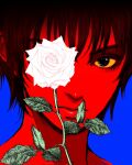  1girl bangs berserk blue_background casca_(berserk) closed_mouth colored_sclera colored_skin covering_one_eye flower hair_between_eyes highres limited_palette looking_at_viewer nisino2222 portrait red_skin rose short_hair solo white_flower white_rose yellow_sclera 