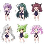  6+girls :d ^_^ absurdres ahoge animal_ears bangs bare_arms bare_legs bare_shoulders barefoot blue_eyes blue_one-piece_swimsuit blush braid brown_hair closed_eyes commentary_request covered_navel facing_viewer forehead green_hair green_hairband grey_hair hair_between_eyes hair_ornament hairband headgear headset highres kizuna_akari long_hair looking_at_viewer low_twintails multiple_girls nose_blush old_school_swimsuit one-piece_swimsuit own_hands_together pink_hair purple_eyes purple_hair red_eyes ryogo school_swimsuit shikoku_metan simple_background smile swimsuit tail touhoku_kiritan touhoku_zunko twin_braids twintails v-shaped_eyebrows v_arms very_long_hair vocaloid voiceroid voicevox white_background yellow_eyes yuzuki_yukari zundamon 
