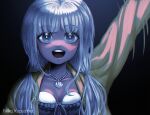  1girl :d arm_up artist_name bangs bikini black_background blue_background blunt_bangs collarbone commentary danganronpa_(series) danganronpa_v3:_killing_harmony dark-skinned_female dark_skin frilled_bikini frills grey_eyes grey_hair hair_over_shoulder highres jacket jewelry long_hair long_sleeves looking_at_viewer low_twintails necklace nika_kapustka open_clothes open_jacket open_mouth shell_necklace shiny_skin smile solo swimsuit teeth twintails upper_body upper_teeth_only watermark yonaga_angie 
