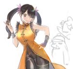  1girl bangs black_eyes black_hair black_pants china_dress chinese_clothes closed_mouth dress hair_ornament ling_xiaoyu long_hair looking_at_viewer one_eye_closed orange_dress pants simple_background sketch sleeveless smile solo suvin_(mononochi) tekken tekken_7 twintails white_background 