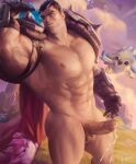  1boy abs absurdres armor ass bara bich_hoan black_gloves black_hair closed_mouth darius_(league_of_legends) erection flaccid gloves highres large_pectorals league_of_legends male_focus multicolored_hair muscular muscular_male navel nipples nude outdoors pectorals penis scar scar_across_eye scar_on_face short_hair shoulder_armor shoulder_spikes solo spikes sunset thick_thighs thighs two-tone_hair white_hair 