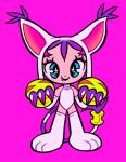 1girl animal_hands animal_hood blue_eyes cat_hood chibi claws digimon dot_nose elbow_gloves fang gloves hood jinx88_(jinx) leotard personification pink_background purple_hair short_hair simple_background smile solo sparkling_eyes tail tailmon white_gloves white_leotard 