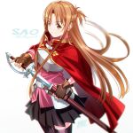  1girl armor asuna_(sao) asymmetrical_bangs bangs black_skirt black_thighhighs braid breastplate brown_eyes brown_gloves brown_hair cape closed_mouth copyright_name drawing_sword dress_shirt fingerless_gloves french_braid gloves highres holding holding_sword holding_weapon is_ii long_hair looking_at_viewer miniskirt pink_shirt pleated_skirt rapier red_cape sheath shirt short_ponytail simple_background skirt smile solo sword sword_art_online sword_art_online_progressive thighhighs weapon 