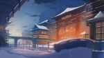  architecture bridge building canal cityscape cloud east_asian_architecture highres lantern litimo no_humans onsen_symbol original railing scenery sky snow snowing window winter 