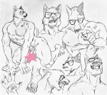  1boy all_fours animal_ears animal_hands bara billy_russell_(dickfish) censored cigarette collage completely_nude cropped_shoulders cropped_torso dickfish_(fishismdick) erection expressions facial_hair fox_boy fox_ears fox_tail frown furrification furry furry_male glasses highres large_pectorals laughing looking_at_viewer looking_to_the_side male_focus male_pubic_hair mature_male muscular muscular_male mustache navel nipples nude original pectorals penis pubic_hair saliva scan scar short_hair sideburns sketch star_censor tail thick_thighs thighs tongue tongue_out traditional_media 