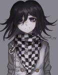  1boy alternate_hair_length alternate_hairstyle artist_name bangs black_hair buttons checkered_clothes checkered_scarf closed_mouth danganronpa_(series) danganronpa_v3:_killing_harmony frown grey_background hair_between_eyes highres long_sleeves male_focus medium_hair nika_kapustka ouma_kokichi purple_eyes scarf simple_background solo 