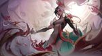  1girl akali artist_name bangs black_dress black_hair closed_eyes closed_mouth covered_navel croki._(croki1014) dated dress facing_down from_below hair_ornament highres league_of_legends long_hair long_sleeves ponytail solo white_dress white_hair 