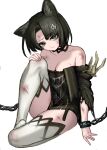  1girl absurdres animal_ears arknights bare_shoulders black_dress black_hair breasts bruise cat_ears chain cleavage commentary cuffs dress drop_shadow grey_eyes hair_ornament highres infection_monitor_(arknights) injury knee_up long_sleeves looking_at_viewer mandragora_(arknights) mildt off-shoulder_dress off_shoulder ryona shackles short_hair simple_background solo thighhighs thighs white_background white_thighhighs 