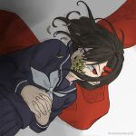  1girl black_hair black_sailor_collar black_serafuku black_skirt bright_pupils covered_mouth crying crying_with_eyes_open fingernails flower flower_over_mouth from_above grey_background hands_on_own_stomach interlocked_fingers kagerou_project long_sleeves looking_away lying mekakucity_actors monochrome_background neckerchief on_back own_hands_together petals pleated_skirt red_eyes red_scarf sailor_collar scarf scarf_removed school_uniform serafuku skirt sleeve_cuffs slit_pupils solo spider_lily tateyama_ayano tears upper_body white_background white_neckerchief yaoyorozu_23 yellow_flower 