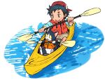  1boy backwards_hat black_eyes black_hair blue_shirt brown_shorts cat commentary_request hat holding holding_oar kayak kodomo_yume_kikin life_vest male_focus nishimura_kinu oar official_art open_mouth shirt shorts smile water wristband 