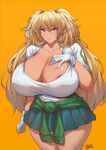  1girl areola_slip arm_at_side artist_name bangs batako_(batakoart) big_hair blonde_hair blush breasts cleavage clothes_around_waist collared_shirt cowboy_shot curvy dark-skinned_female dark_elven_forest_ranger dark_skin gloves green_jacket green_skirt hair_between_eyes hand_on_own_chest highres huge_breasts jacket jacket_around_waist last_origin long_hair long_sleeves looking_at_viewer orange_background pink_eyes pink_lips pleated_skirt plump pointy_ears purple_pupils shirt simple_background skirt sleeves_rolled_up smile solo taut_clothes taut_shirt thick_thighs thighs two_side_up very_long_hair white_gloves white_shirt 