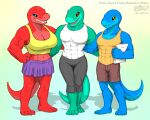  2022 abs anthro artist_logo black_sclera blue_body bottomwear clothed clothing dated dinosaur drjavi female gradient_background green_body group hi_res holding_object logo looking_at_viewer male midriff miniskirt muscular muscular_female muscular_male red_body reptile scalie script sharp_teeth shirt shorts simple_background skirt smile standing tank_top teeth theropod tight_clothing topwear trio tyrannosaurid tyrannosaurus tyrannosaurus_rex 