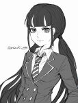  1girl absurdres bangs blunt_bangs breasts buttons closed_mouth collared_shirt commentary danganronpa_(series) danganronpa_v3:_killing_harmony double-breasted greyscale harukawa_maki highres jacket long_hair long_sleeves looking_at_viewer low_twintails medium_breasts mole mole_under_eye monochrome necktie nika_kapustka official_alternate_costume shirt simple_background solo striped_necktie twintails white_background 