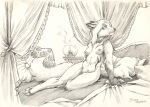  2021 4_toes anthro bed breasts canid canine casual_nudity claws dated feet female fox fur furniture hair hindpaw humanoid_hands longing mammal navel nipples nude paws scale_(artist) signature sitting solo toe_claws toes traditional_media_(artwork) whiskers 