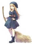  1girl blonde_hair blue_dress blue_eyes blue_footwear blue_headwear broom collarbone dress hana_(mew) hand_on_hip hat highres holding holding_broom light_frown long_hair muted_color puyopuyo simple_background solo white_background witch witch_(puyopuyo) 
