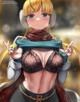  1girl abs absurdres bangs blonde_hair blue_eyes blunt_bangs blurry blurry_background blush bra breasts closed_mouth clothes_lift commentary_request earmuffs elesa_(palentine&#039;s_2023)_(pokemon) elesa_(pokemon) eyelashes green_nails green_shirt highres lifted_by_self long_sleeves looking_at_viewer nail_polish navel official_alternate_costume pokemon pokemon_(game) pokemon_masters_ex red_scarf scarf shirt shirt_lift smile solo sweat type-dog underwear watermark web_address 