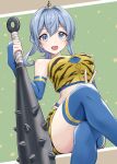  1girl animal_print bangs blue_eyes blue_hair blue_thighhighs blush cleavage_cutout clothing_cutout club_(weapon) crossed_legs feet_out_of_frame gotland_(kancolle) hair_between_eyes highres holding holding_weapon kanabou kantai_collection kodama_(mmt_uf) medium_hair mole mole_under_eye open_mouth smile solo thighhighs tiger_print v weapon 