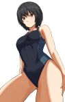  1girl amagami ass_visible_through_thighs bangs black_hair black_one-piece_swimsuit blush breasts brown_eyes closed_mouth commentary competition_swimsuit duplicate from_below frown hand_on_own_thigh highleg highres looking_at_viewer medium_breasts mitojyaneeeeyo nanasaki_ai one-piece_swimsuit pixel-perfect_duplicate short_hair simple_background solo swimsuit thighs twitter_username watermark 