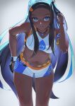  1girl :q aqua_hair armlet belly_chain bike_shorts black_hair blue_eyes blue_eyeshadow closed_mouth commentary_request dark-skinned_female dark_skin dynamax_band earclip eyelashes eyeshadow gloves hand_up haska_(user_gure4787) highres jewelry leaning_forward long_hair looking_at_viewer makeup multicolored_hair navel necklace nessa_(pokemon) partially_fingerless_gloves pokemon pokemon_(game) pokemon_swsh single_glove smile solo tongue tongue_out two-tone_hair white_background 