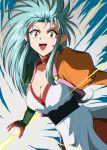  1990s_(style) 1girl :d blue_hair breasts cleavage commentary_request earrings jewelry long_hair looking_at_viewer mamiya_myanmar medium_breasts open_mouth pointy_ears retro_artstyle ryouko_(tenchi_muyou!) smile solo spiked_hair tenchi_muyou! waist_sash yellow_eyes 