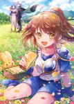  1boy 2girls arle_nadja blue_eyes blue_footwear blue_hair blush brown_hair cape carbuncle_(puyopuyo) collarbone dress field flower flower_field food hana_(mew) headband highres holding holding_food long_hair madou_monogatari multiple_girls open_mouth outdoors ponytail puyopuyo rulue_(puyopuyo) sandwich schezo_wegey shoulder_pads sitting white_dress white_hair yellow_eyes 