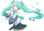  1girl absurdres bangs blue_eyes blue_hair blue_nails blue_necktie blue_shirt blue_skirt detached_sleeves hair_between_eyes hair_ornament hatsune_miku headset highres kawayabug long_hair musical_note necktie shirt skirt smile solo twintails very_long_hair vocaloid white_background 