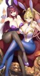  2girls ahoge animal_ears artoria_pendragon_(fate) artoria_pendragon_(swimsuit_ruler)_(fate) bangs bare_shoulders blonde_hair blue_pantyhose blush braid breasts cleavage clothing_cutout detached_collar fake_animal_ears fate/grand_order fate_(series) fishnet_pantyhose fishnets french_braid green_eyes hair_between_eyes high_heels highleg highleg_leotard highres large_breasts leotard long_hair looking_at_viewer multiple_girls muunyan_(yumenekoya) navel navel_cutout necktie open_mouth pantyhose playboy_bunny ponytail purple_hair purple_leotard rabbit_ears red_eyes scathach_(fate) scathach_(piercing_bunny)_(fate) sidelocks sitting smile thighs tiara white_leotard wrist_cuffs 