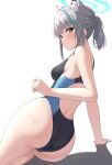  1girl animal_ear_fluff animal_ears arm_support ass blue_archive blush breasts competition_swimsuit cross_hair_ornament grey_hair hair_ornament halo helloet11 highres looking_at_viewer looking_back medium_breasts one-piece_swimsuit ponytail shiroko_(blue_archive) sidelocks simple_background solo swimsuit water_drop white_background wolf_ears 