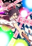 1girl bare_shoulders bow brown_eyes brown_hair danmaku detached_sleeves frilled_skirt frills gohei hair_bow hair_tubes hakurei_reimu highres holding inuno_rakugaki japanese_clothes long_hair nontraditional_miko ofuda open_mouth red_bow red_skirt ribbon-trimmed_sleeves ribbon_trim sidelocks skirt solo touhou white_sleeves wide_sleeves 