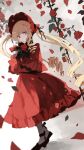  1girl black_footwear blonde_hair blue_eyes bonnet bow cup dress falling_petals flower highres holding holding_cup long_hair long_sleeves petals qtonagi red_dress red_flower red_rose rose rose_petals rozen_maiden serious shinku socks teacup twintails white_socks 