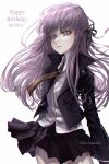  1girl absurdres artist_name bangs black_jacket black_ribbon black_skirt brown_necktie collared_shirt cowboy_shot danganronpa:_trigger_happy_havoc danganronpa_(series) dated frown grey_hair grey_shirt hair_ribbon happy_birthday highres jacket kirigiri_kyouko long_hair long_sleeves miniskirt necktie nika_kapustka open_clothes open_jacket ribbon shirt skirt solo 