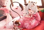  1girl animal_ears bangs blush bow bowtie cow_ears cow_girl cow_horns cow_tail ear_tag fang flower grey_hair hair_flower hair_intakes hair_ornament hair_over_one_eye horns indie_virtual_youtuber indoors legs_up long_sleeves looking_at_viewer lying marota marota_(character) medium_hair no_shoes on_bed on_stomach open_mouth pajamas pink_socks red_bow red_bowtie red_eyes skin_fang sleeves_past_fingers sleeves_past_wrists smile socks solo tail twitter_username virtual_youtuber window 