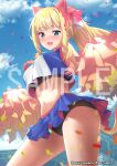  1girl :d animal_ears bangs batsu black_bra black_panties blonde_hair blue_eyes blue_shirt blue_skirt blue_sky blurry blurry_foreground blush bow bra breasts cat_ears cat_girl cat_tail cheerleader cloud commentary_request confetti crop_top day depth_of_field hair_bow holding medium_breasts midriff navel original outdoors panties pleated_skirt pom_pom_(cheerleading) ponytail sample_watermark shirt skirt sky sleeveless sleeveless_shirt smile solo sweat tail underwear watermark white_bow 