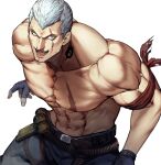  1boy :d abs bad_id bad_twitter_id bara bare_pectorals belt black_eyes black_gloves black_pants bryan_fury bullet evil_smile explosive fingerless_gloves full_body gloves grenade highres houjoh_(7th-heaven) looking_at_viewer male_focus muscular navel open_mouth pants pectorals scar scar_across_eye scar_on_chest short_hair simple_background smile solo tattoo tekken topless_male upper_body white_background white_hair 