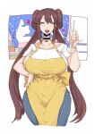  1girl absurdres apron back_bow bangs black_choker bow bow_apron breasts brown_hair choker doughnut_hair_bun hair_bun highres holding holding_ladle ladle large_breasts leebo_(leeboxxx) long_hair looking_at_viewer one_eye_closed open_mouth pokemon pokemon_(game) pokemon_bw2 rosa_(pokemon) smile solo twintails yellow_apron 