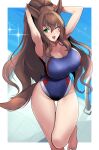 1girl :d animal_ears armpits bangs barefoot black_one-piece_swimsuit blue_sky border breasts brown_hair clash_kuro_neko cleavage cloud cloudy_sky competition_swimsuit from_above green_eyes highleg highres horse_ears horse_girl horse_tail large_breasts long_hair maruzensky_(umamusume) one-piece_swimsuit one_eye_closed open_mouth outdoors ponytail presenting_armpit sky smile solo swimsuit tail thighs toes umamusume white_border 