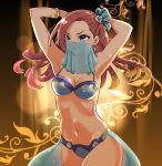  1girl absurdres aqua_eyes armpits arms_behind_head arms_up bikini bracelet breasts brown_hair commentary_request commission curtains earrings highres jewelry katarina_claes long_hair medium_breasts mouth_veil navel otome_game_no_hametsu_flag_shika_nai_akuyaku_reijou_ni_tensei_shite_shimatta pink_mousse skeb_commission solo sparkle swimsuit upper_body veil 