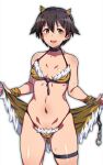  1girl :d animal_print bikini breasts brown_eyes brown_hair chain choker collarbone earrings em_(totsuzen_no_hakike) horns jewelry looking_at_viewer miyafuji_yoshika navel o-ring o-ring_bikini oni oni_horns simple_background skindentation small_breasts smile solo standing strike_witches stud_earrings sweat swimsuit tareme thigh_gap thigh_strap tiger_print vambraces white_background world_witches_series 