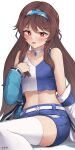  1girl :d bare_shoulders blue_hairband blue_shirt blue_shorts blush brown_hair choker collarbone commentary_request crop_top d.birb genshin_impact hairband highres hu_tao_(genshin_impact) long_hair looking_at_viewer midriff navel off_shoulder open_mouth partial_commentary red_eyes shirt short_shorts shorts sidelocks simple_background sitting sleeveless sleeveless_shirt smile solo stomach thighhighs thighs two-tone_shirt very_long_hair white_background white_choker white_shirt white_thighhighs 