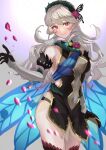  1girl absurdres bangs blush breasts butterfly_hair_ornament cape collar corrin_(female)_(fire_emblem) corrin_(female)_(resplendent)_(fire_emblem) corrin_(fire_emblem) fire_emblem fire_emblem_fates fire_emblem_heroes flower gloves hair_between_eyes hair_ornament hairband highres long_hair navel official_alternate_costume panty_straps plant pointy_ears red_eyes red_flower red_rose rose see-through smile solo thorns tyotto_ko_i white_hair 