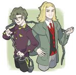  2boys bangs black_vest blonde_hair brassius_(pokemon) bright_pupils buttons closed_mouth collared_shirt commentary_request green_hair green_jacket grey_eyes hair_between_eyes hand_on_hip hand_up hassel_(pokemon) highres holding jacket long_sleeves lower_teeth_only male_focus multiple_boys open_mouth pants parted_bangs pokemon pokemon_(game) pokemon_sv shirt shiruku_(gp_oro8) short_hair short_ponytail smile teeth vest whip white_pupils white_shirt 