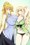  2girls :o animal_ears arm_up armpits ass_visible_through_thighs bare_shoulders black_skirt blonde_hair blue_eyes blush breasts centorea_shianus cleavage clothes_lift crossover dress dress_lift green_dress highres horse_ears huge_breasts large_breasts lifted_by_self lindaroze long_hair looking_at_viewer monster_musume_no_iru_nichijou multiple_girls navel neptune_(series) open_mouth ponytail shirt skirt sleeveless sleeveless_shirt standing vert_(neptune_series) very_long_hair 