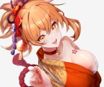  1girl arm_tattoo asymmetrical_clothes blonde_hair blush breasts chest_sarashi chest_tattoo choker commentary_request genshin_impact hair_ornament hair_ribbon hand_up highres japanese_clothes kimono kmes_niku looking_at_viewer medium_breasts nail_polish open_mouth orange_eyes orange_kimono orange_nails ponytail red_choker ribbon sarashi simple_background single_bare_shoulder smile solo tattoo teeth upper_teeth_only white_background yoimiya_(genshin_impact) 