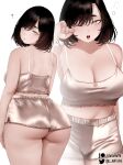  1girl ass back bangs bare_shoulders black_hair blush breasts cleavage collarbone grey_camisole grey_eyes grey_shorts highres large_breasts looking_at_viewer looking_back multiple_views navel one_eye_closed open_mouth original shiny_clothes short_hair short_shorts shorts thick_thighs thighs white_background zasshu 