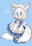  1boy alternate_costume blue_background blue_eyes blush crossdressing enmaided full_body highres limited_palette maid maid_headdress male_focus misuta710 multiple_tails simple_background sketch solo sonic_(series) standing sweatdrop tail tails_(sonic) two_tails 