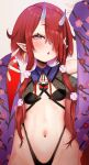  1girl blush breasts detached_sleeves earrings hair_over_one_eye highres hoozuki_warabe horns japanese_clothes jewelry kajimakoto long_hair looking_at_viewer navel noripro oni oni_horns parted_lips pointy_ears red_hair small_breasts solo stomach virtual_youtuber warabeda_meijii yellow_eyes 