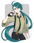  1girl ahoge black_necktie black_pants bright_pupils collared_shirt commentary_request earrings eyelashes green_hair hand_up highres holding holding_poke_ball jewelry long_hair looking_at_viewer necktie pants poke_ball poke_ball_(basic) pokemon pokemon_(game) pokemon_sv ponytail red_eyes rika_(pokemon) shirt shiruku_(gp_oro8) sleeves_rolled_up smile solo white_pupils 