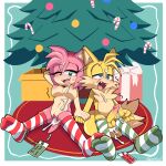  1:1 absurd_res after_sex amy_rose anthro balls blush bodily_fluids breasts canid canine christmas christmas_tree clothing cum digital_media_(artwork) duo eulipotyphlan eyebrows female fingers fox genital_fluids genitals gift half-closed_eyes hedgehog hi_res holidays legwear male mammal miles_prower mostly_nude narrowed_eyes one_eye_closed open_mouth pattern_clothing pattern_legwear penis plant pussy sega senshion sonic_the_hedgehog_(series) striped_clothing striped_legwear stripes text tree 