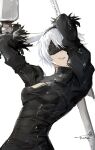  1girl absurdres arms_up black_blindfold black_dress black_hairband blindfold breasts cleavage_cutout clenched_teeth clothing_cutout dress feather-trimmed_sleeves hairband highres holding holding_weapon juliet_sleeves kumah_dessu long_sleeves medium_breasts nier_(series) nier_automata pod_(nier_automata) puffy_sleeves robot short_hair signature solo sword teeth weapon white_hair yorha_no._2_type_b 